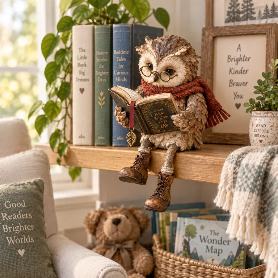 🦉 Olvasó bagoly figurina – Vidám, könyvrajongó polcszobor szemüveggel és lógó csizmákkal