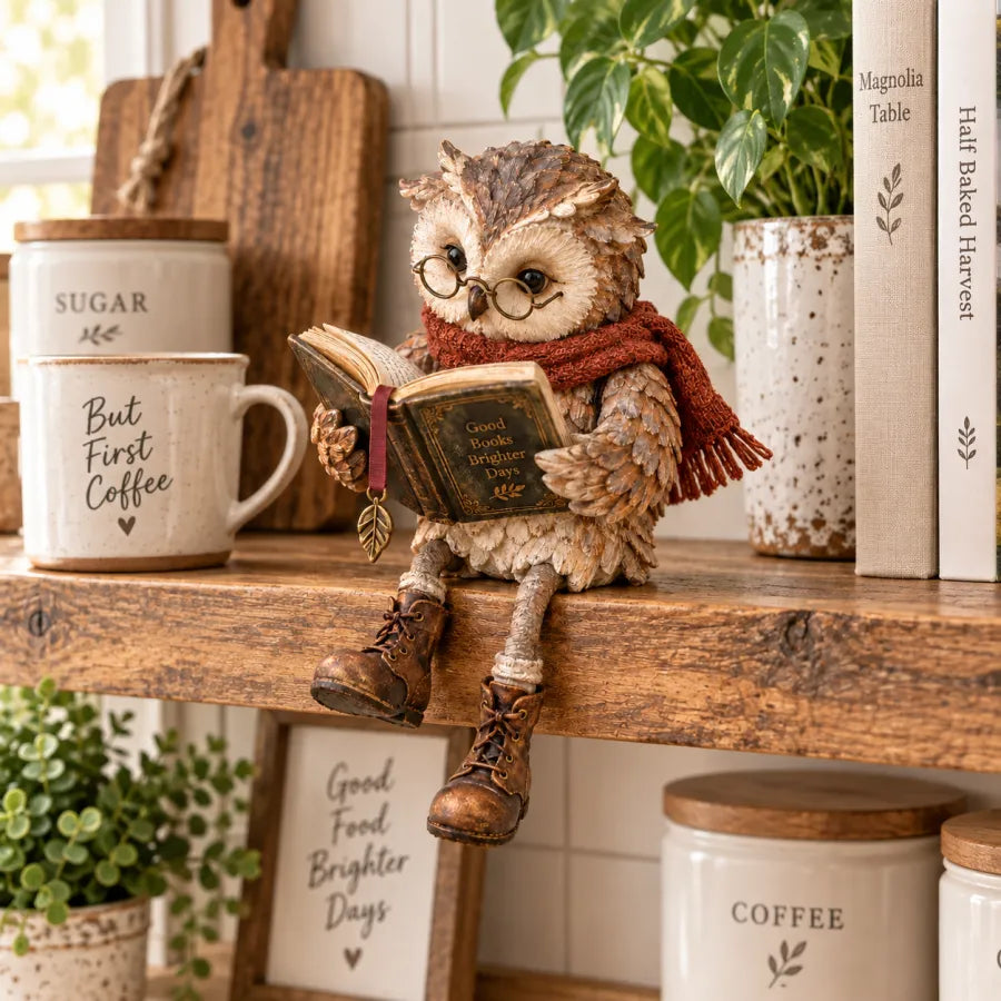 🦉 Olvasó bagoly figurina – Vidám, könyvrajongó polcszobor szemüveggel és lógó csizmákkal