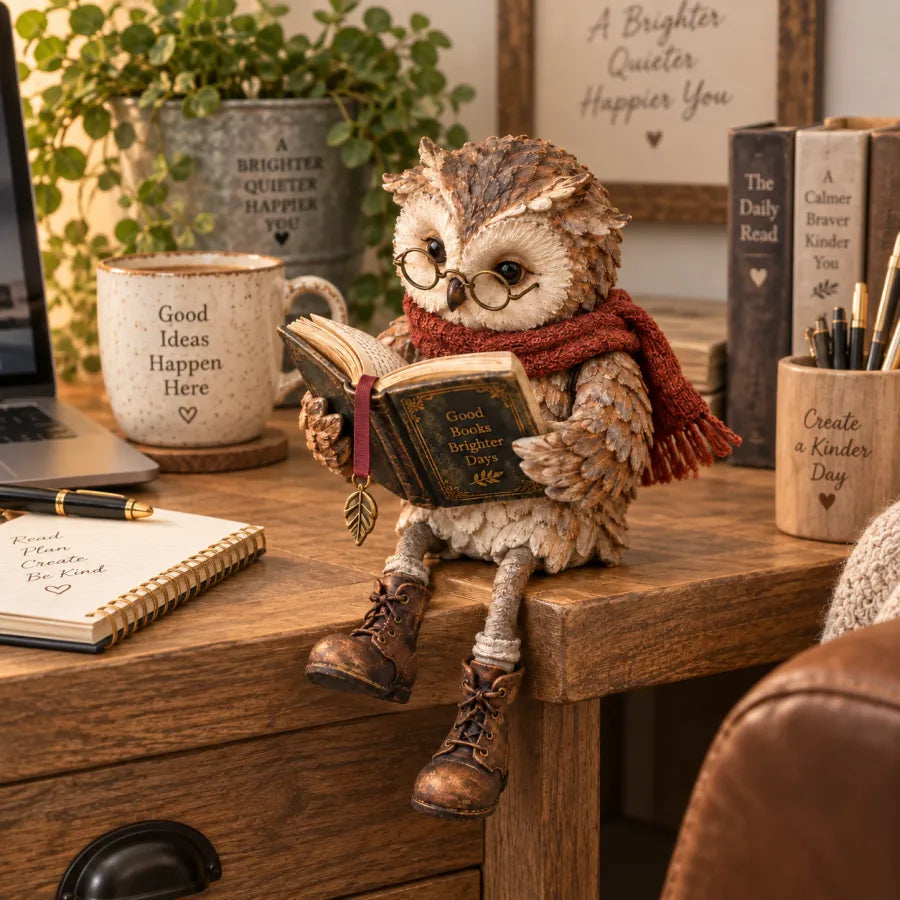 🦉 Olvasó bagoly figurina – Vidám, könyvrajongó polcszobor szemüveggel és lógó csizmákkal