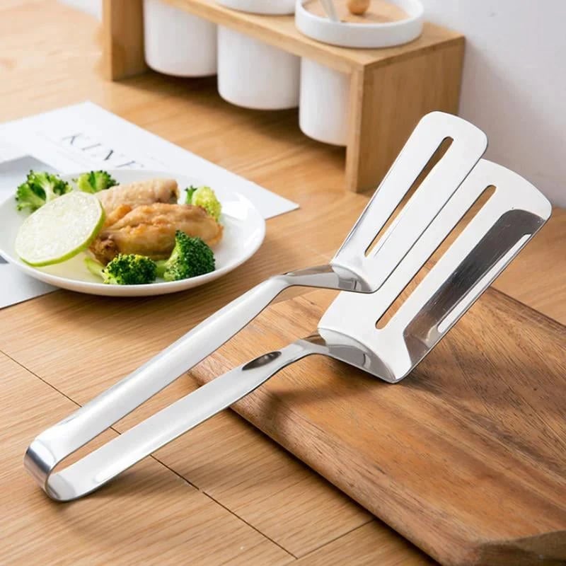 🔥 Többfunkciós rozsdamentes acél konyhai fogó – spatula és fogó egyben! 🍔✨