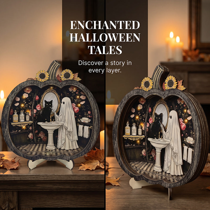 👻 Varázslatos halloweeni szellem-tök dekoráció | Hangulatos fa asztali dísz bájos jelenetekkel