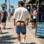 Vicces, leopárdmintás, „fals denim” fürdőnadrág | Szokatlan, optikai csalódást keltő strandnadrág