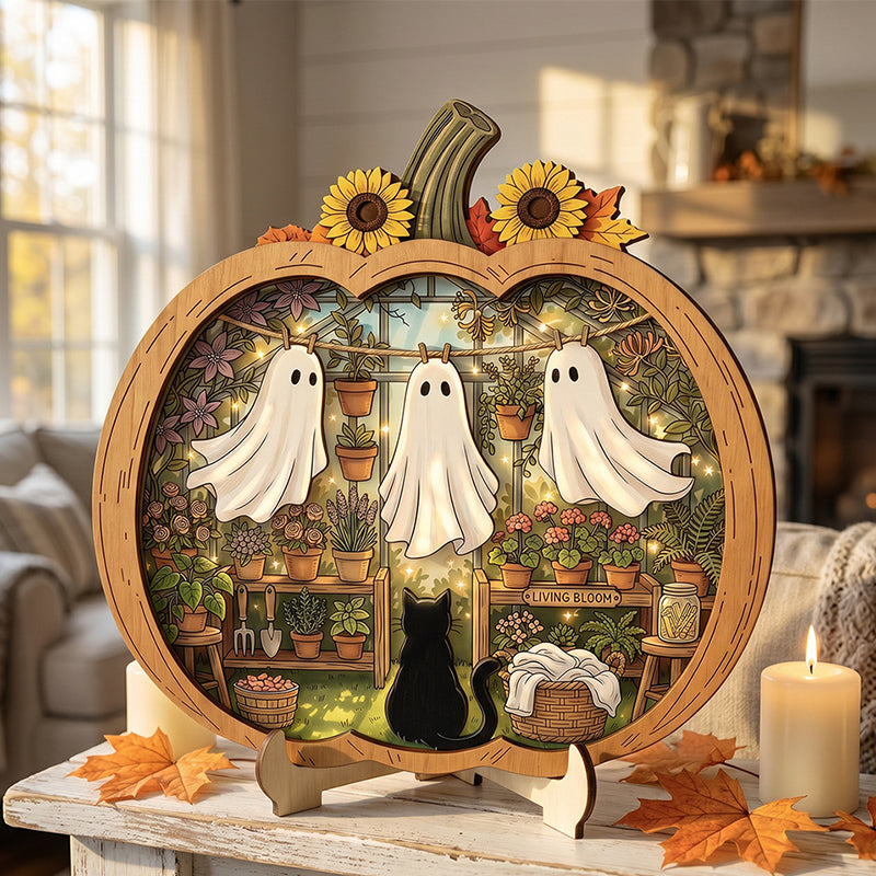👻 Varázslatos halloweeni szellem-tök dekoráció | Hangulatos fa asztali dísz bájos jelenetekkel