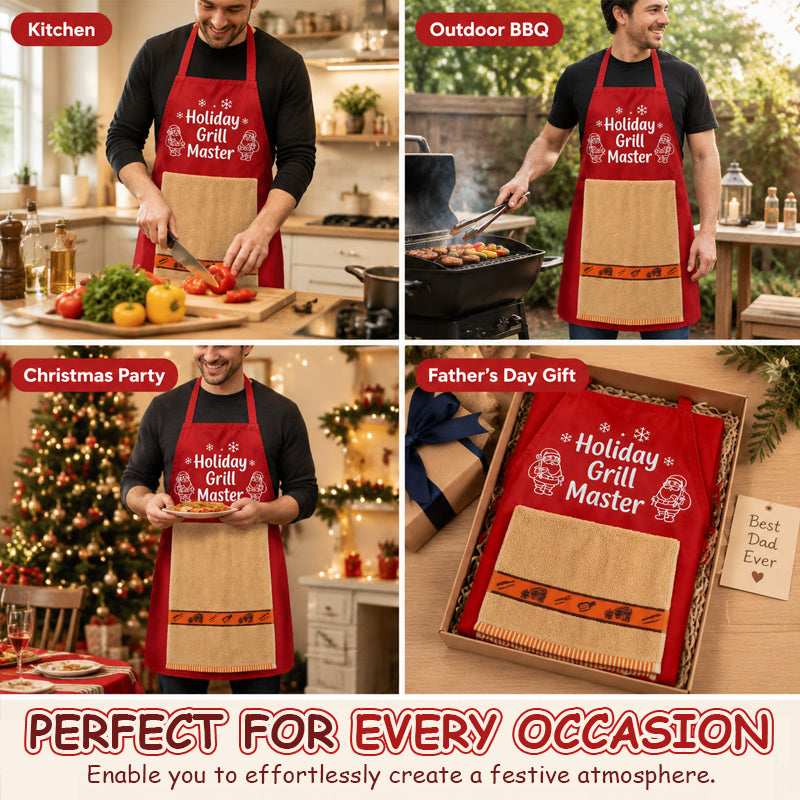 🎅 Karácsonyi grillkötény – Vicces ünnepi grillmester-kötény törülközővel