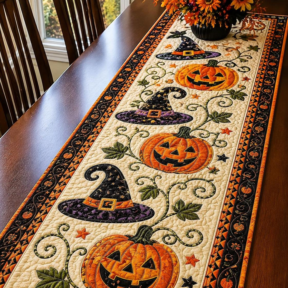 🎃 Halloween-motívumú steppelt asztalterítő – hangulatos őszi dekoráció pillanatok alatt