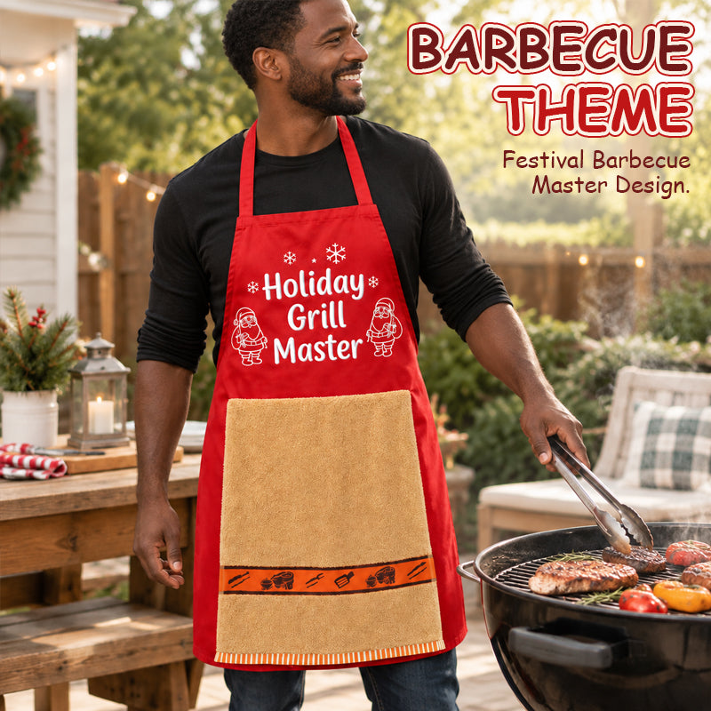 🎅 Karácsonyi grillkötény – Vicces ünnepi grillmester-kötény törülközővel