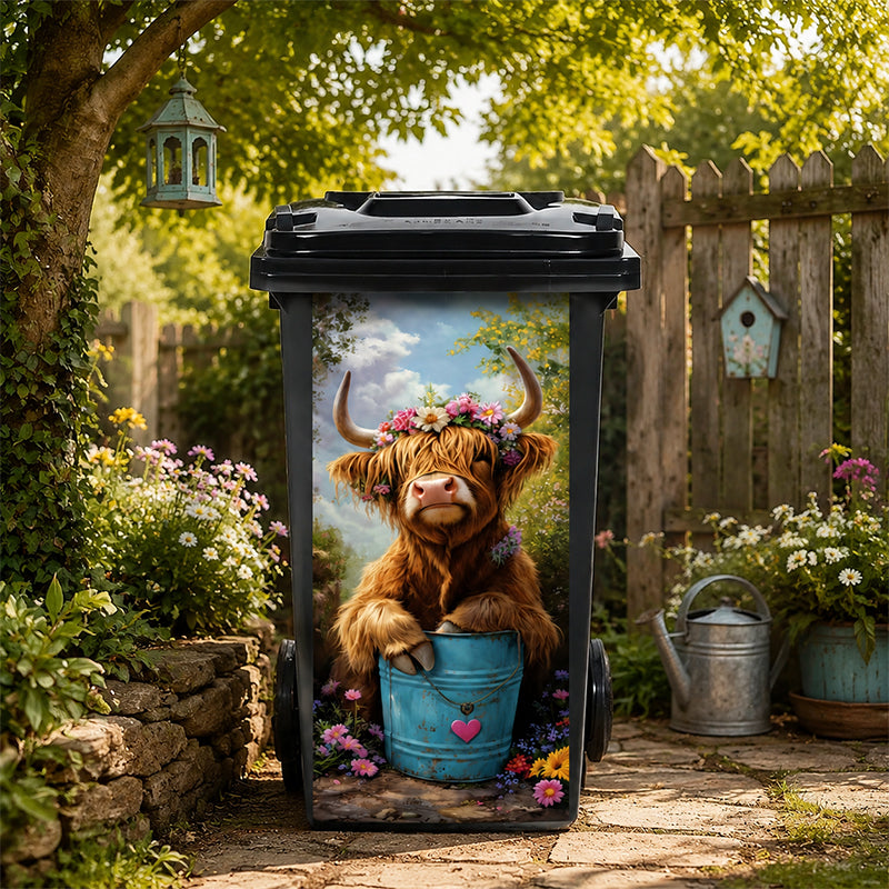 🐮 Highland Cow virágmintás szemetesmatricák