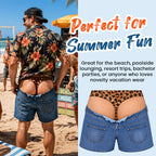 Vicces, leopárdmintás, „fals denim” fürdőnadrág | Szokatlan, optikai csalódást keltő strandnadrág