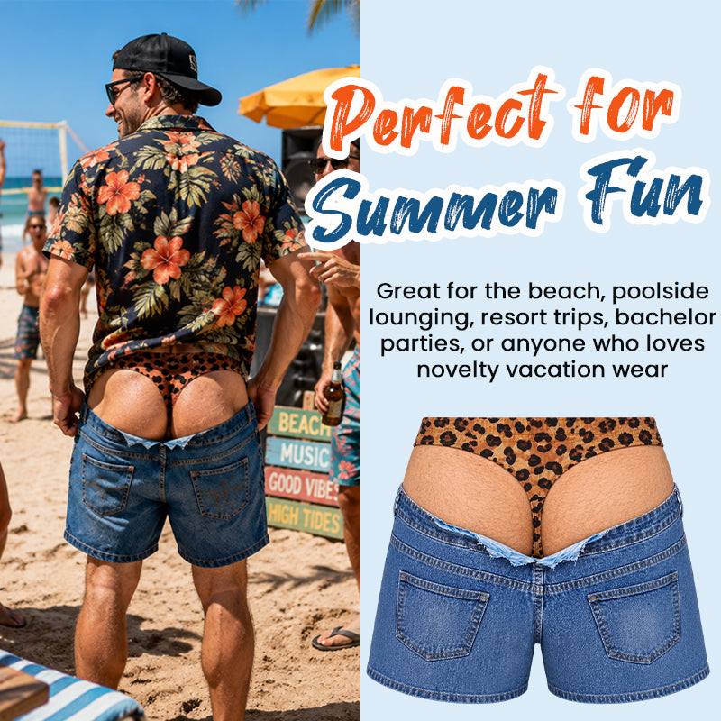 Vicces, leopárdmintás, „fals denim” fürdőnadrág | Szokatlan, optikai csalódást keltő strandnadrág