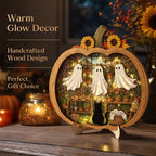 👻 Varázslatos halloweeni szellem-tök dekoráció | Hangulatos fa asztali dísz bájos jelenetekkel