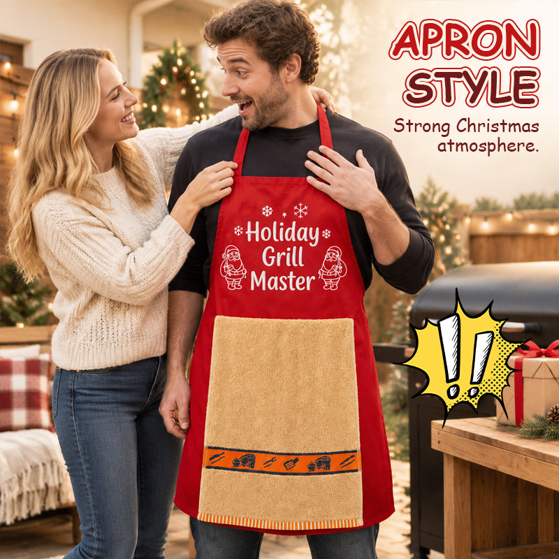 🎅 Karácsonyi grillkötény – Vicces ünnepi grillmester-kötény törülközővel