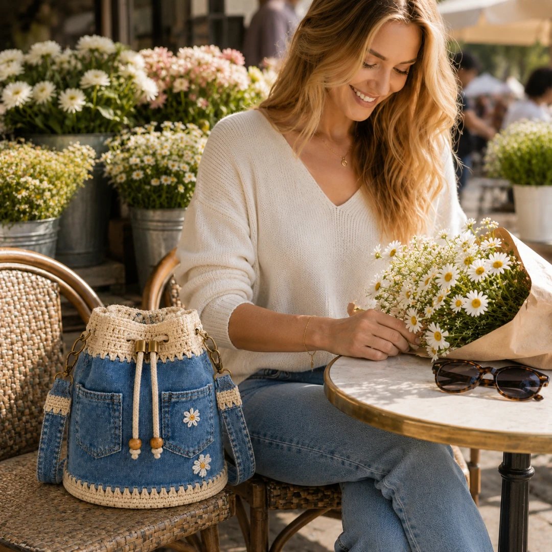 🔥AKCIÓ 50% KEDVEZMÉNY✨👜Horgolt farmer anyagú vödör táska