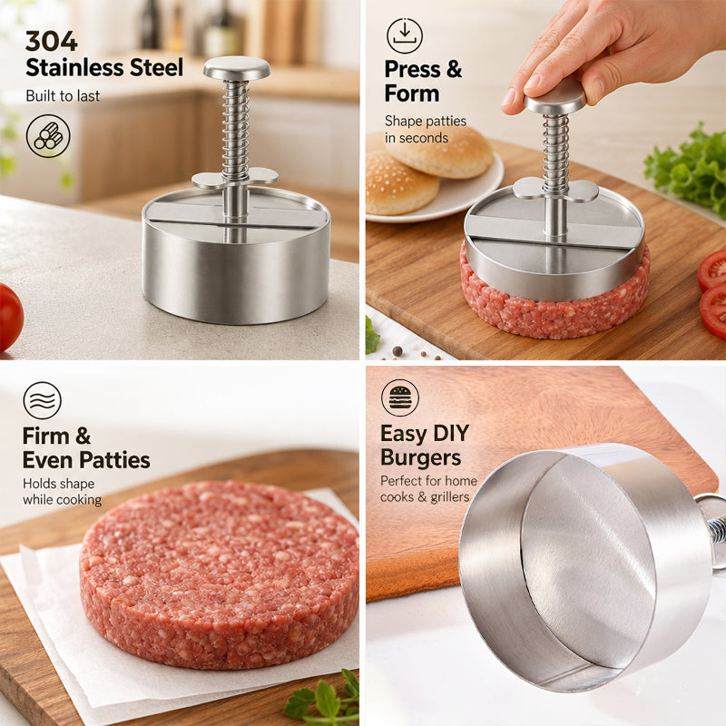 🍔 Rozsdamentes acél hamburger-nyomó | Könnyedén készíthetsz tökéletesen egyenletes hamburgerhús-korongokat