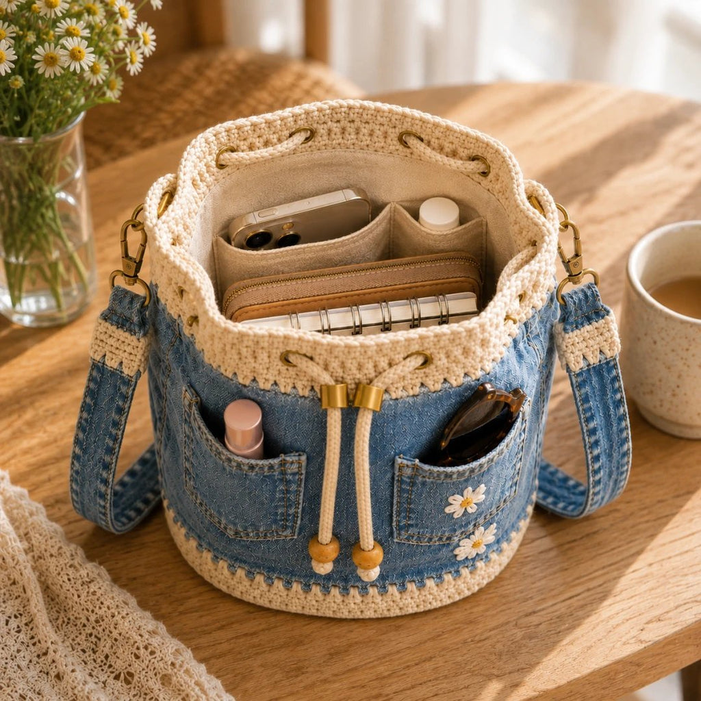 🔥AKCIÓ 50% KEDVEZMÉNY✨👜Horgolt farmer anyagú vödör táska