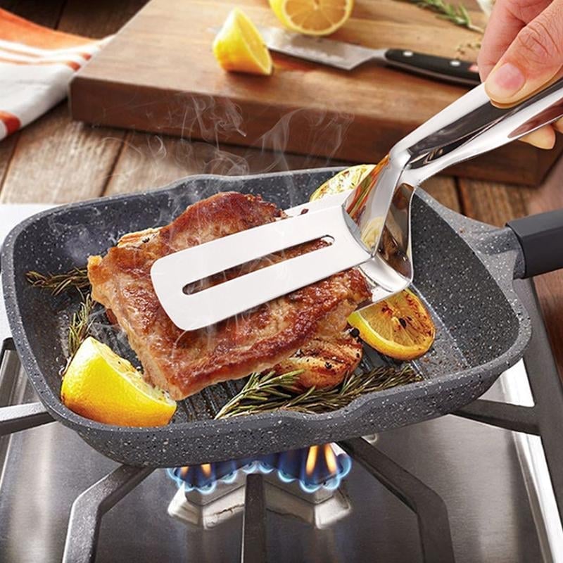 🔥 Többfunkciós rozsdamentes acél konyhai fogó – spatula és fogó egyben! 🍔✨