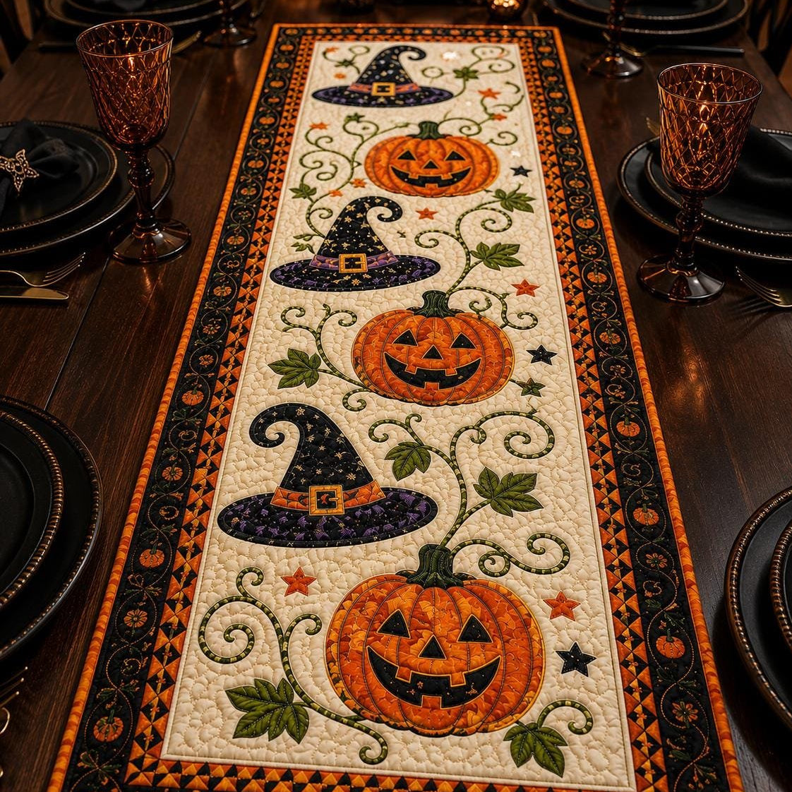 🎃 Halloween-motívumú steppelt asztalterítő – hangulatos őszi dekoráció pillanatok alatt