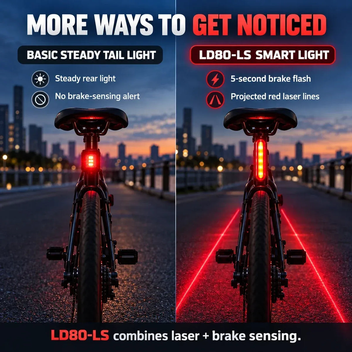 🚨 LED-es kerékpár hátsó lámpa fékezéskor villogó funkcióval | Laser Safety Zone, 22 órás akkumulátor-üzemidő (két rögzítőelemmel együtt)