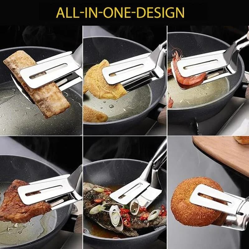 🔥 Többfunkciós rozsdamentes acél konyhai fogó – spatula és fogó egyben! 🍔✨