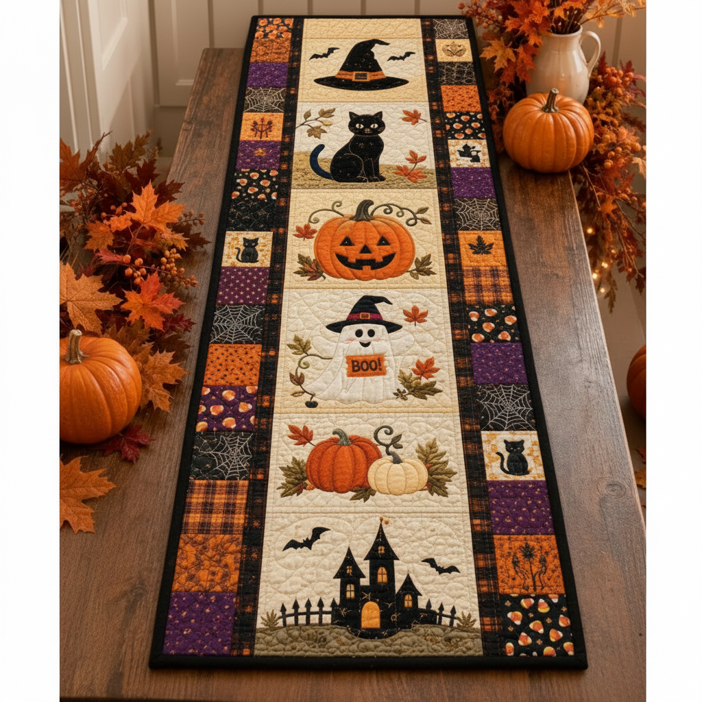 🎃 Halloween-motívumú steppelt asztalterítő – hangulatos őszi dekoráció pillanatok alatt