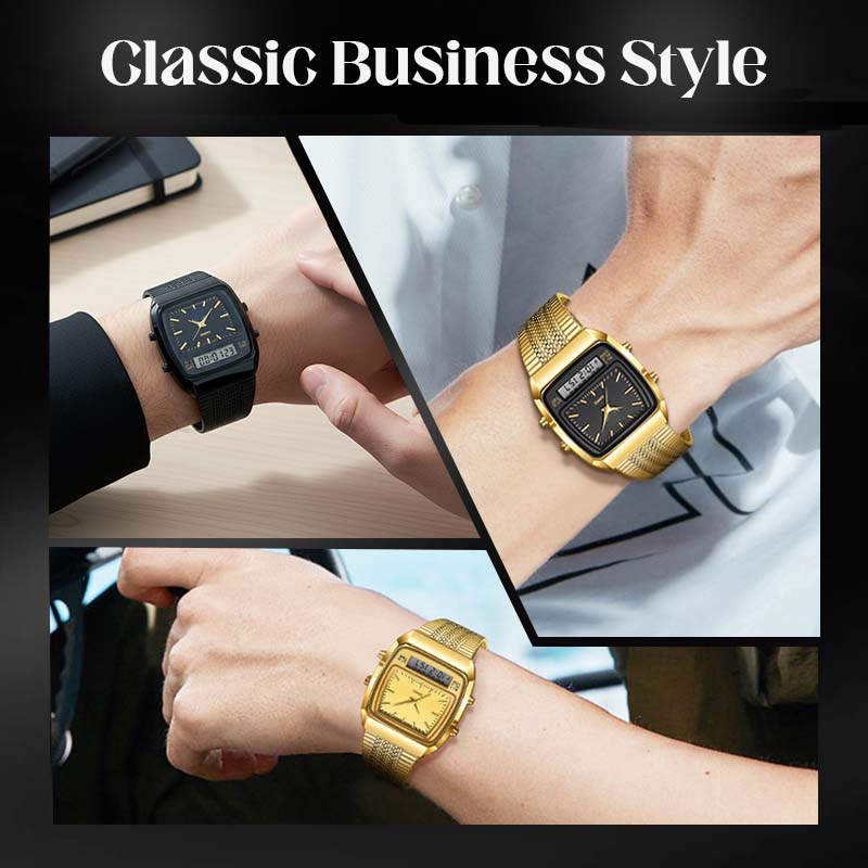 ⌚ IDŐKORLÁTOS 50%-OS KEDVEZMÉNY! 💥 Retro stílusú, négyzet alakú, többfunkciós karóra – kettős kijelző, cinkötvözet, rozsdamentes acél ✨