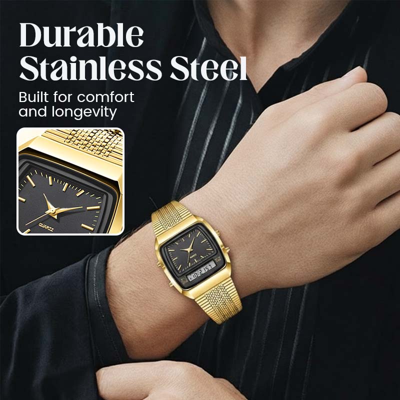 ⌚ IDŐKORLÁTOS 50%-OS KEDVEZMÉNY! 💥 Retro stílusú, négyzet alakú, többfunkciós karóra – kettős kijelző, cinkötvözet, rozsdamentes acél ✨