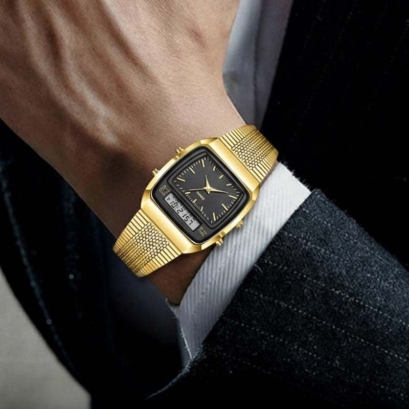 ⌚ IDŐKORLÁTOS 50%-OS KEDVEZMÉNY! 💥 Retro stílusú, négyzet alakú, többfunkciós karóra – kettős kijelző, cinkötvözet, rozsdamentes acél ✨