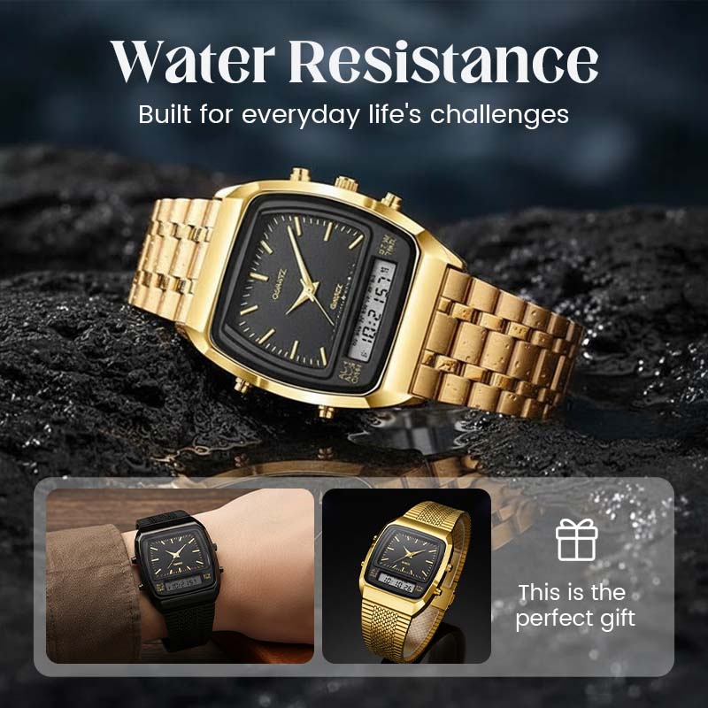 ⌚ IDŐKORLÁTOS 50%-OS KEDVEZMÉNY! 💥 Retro stílusú, négyzet alakú, többfunkciós karóra – kettős kijelző, cinkötvözet, rozsdamentes acél ✨