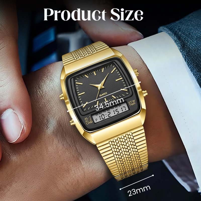 ⌚ IDŐKORLÁTOS 50%-OS KEDVEZMÉNY! 💥 Retro stílusú, négyzet alakú, többfunkciós karóra – kettős kijelző, cinkötvözet, rozsdamentes acél ✨