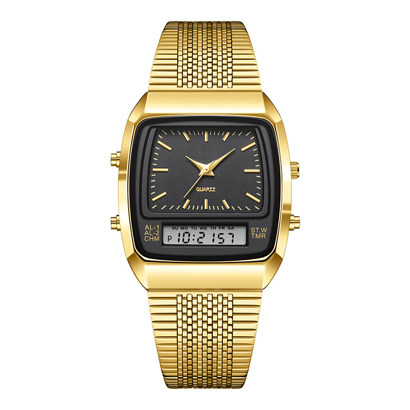 ⌚ IDŐKORLÁTOS 50%-OS KEDVEZMÉNY! 💥 Retro stílusú, négyzet alakú, többfunkciós karóra – kettős kijelző, cinkötvözet, rozsdamentes acél ✨