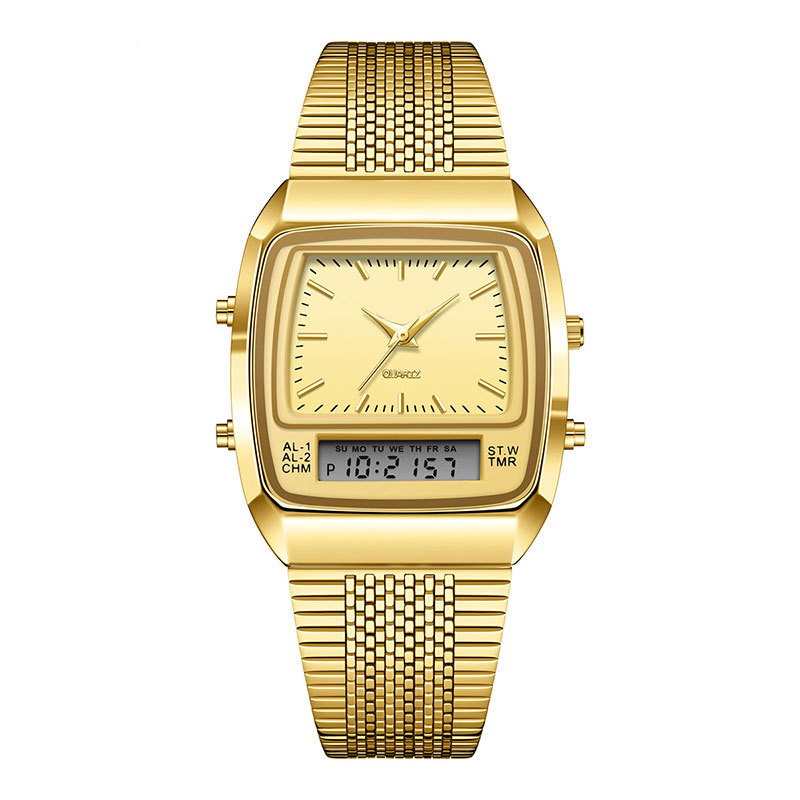 ⌚ IDŐKORLÁTOS 50%-OS KEDVEZMÉNY! 💥 Retro stílusú, négyzet alakú, többfunkciós karóra – kettős kijelző, cinkötvözet, rozsdamentes acél ✨