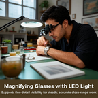 🔬✨ Precíziós LED-es nagyítószemüveg – cserélhető lencsék, kettős LED-es megvilágítás, kézmentes használat