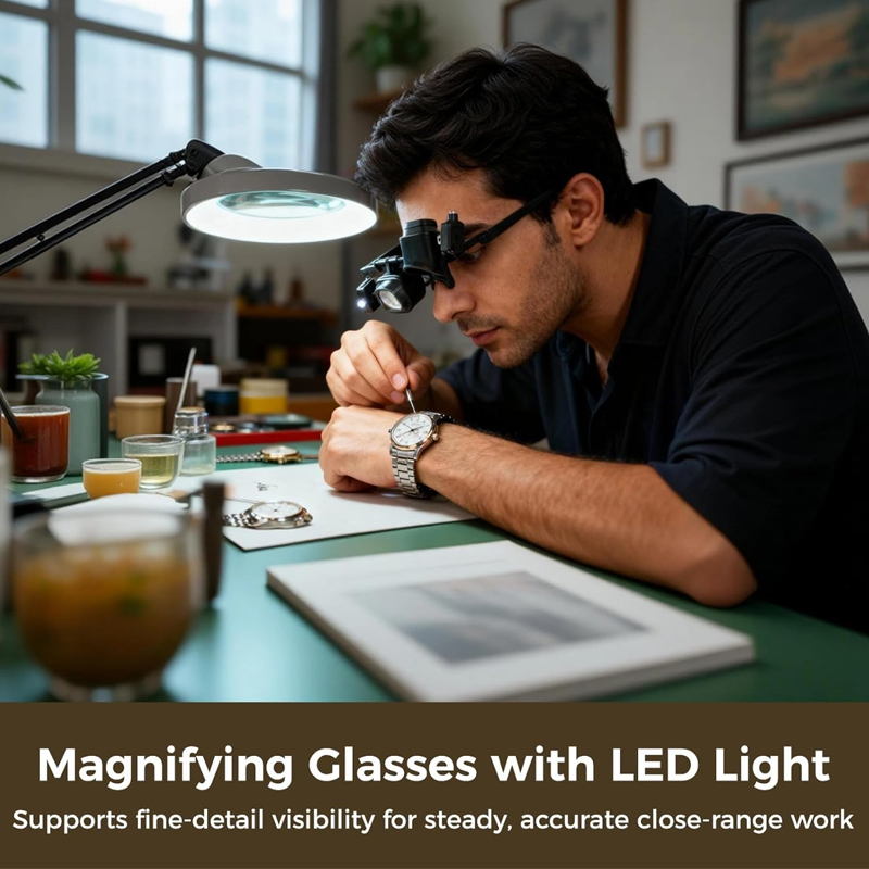 🔬✨ Precíziós LED-es nagyítószemüveg – cserélhető lencsék, kettős LED-es megvilágítás, kézmentes használat