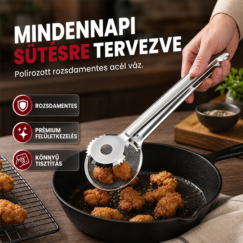 🍳✨2 az 1-ben rozsdamentes olajszűrő fogó – Szűr és fog egyben, megmenti a használt étolajat ♻️