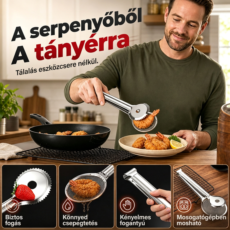 🍳✨2 az 1-ben rozsdamentes olajszűrő fogó – Szűr és fog egyben, megmenti a használt étolajat ♻️
