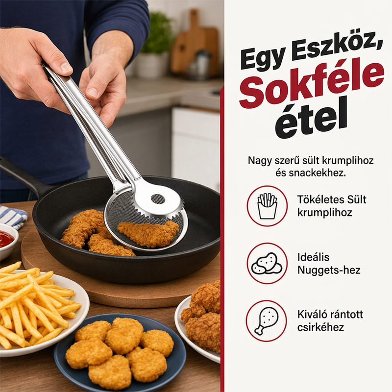 🍳✨2 az 1-ben rozsdamentes olajszűrő fogó – Szűr és fog egyben, megmenti a használt étolajat ♻️