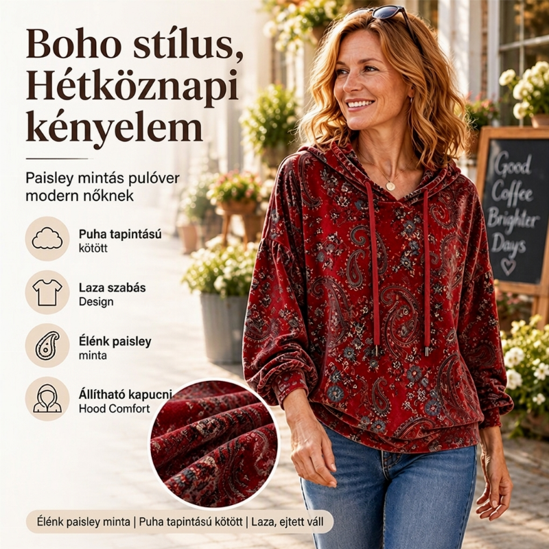 🧶Női paisley mintás húzózsinóros pulóver – 🌺Bohém stílus, kényelmes viselet